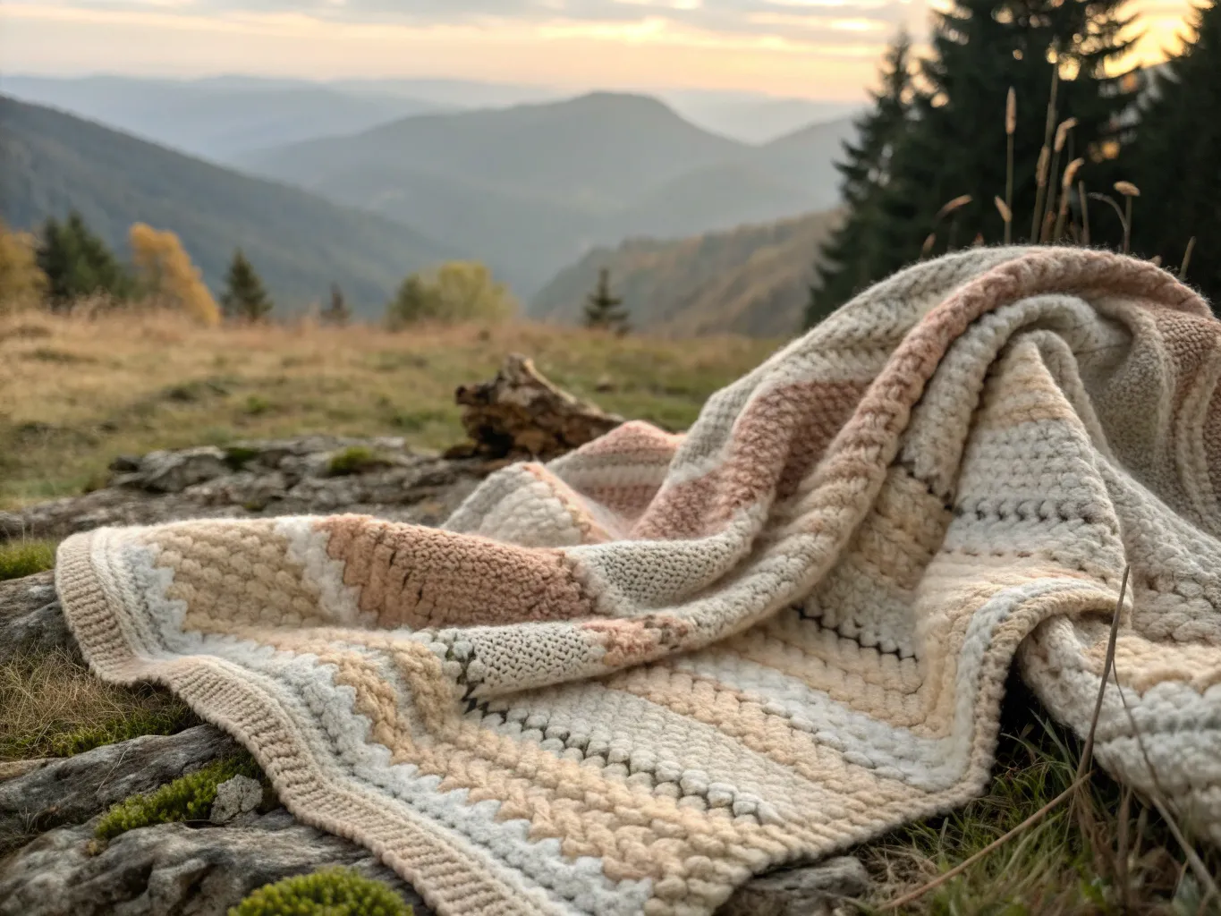 Handstickad ullpläd i naturliga toner