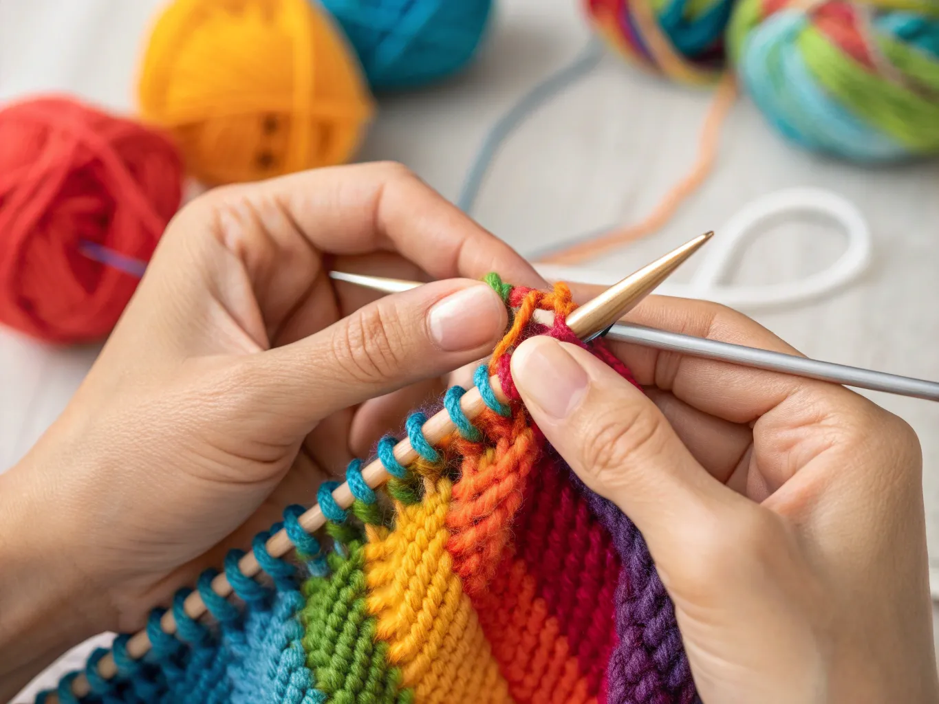 Närbild på händer som stickar med färgglada garner